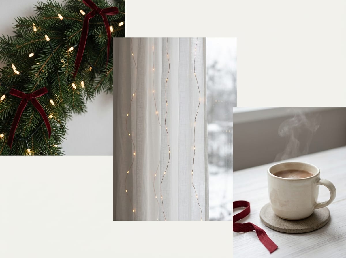 Moodboard aranżacji świątecznej — gałązki z lampkami, delikatny sznur świateł przy firance, kubek i subtelny akcent kolorystyczny w stonowanej palecie.